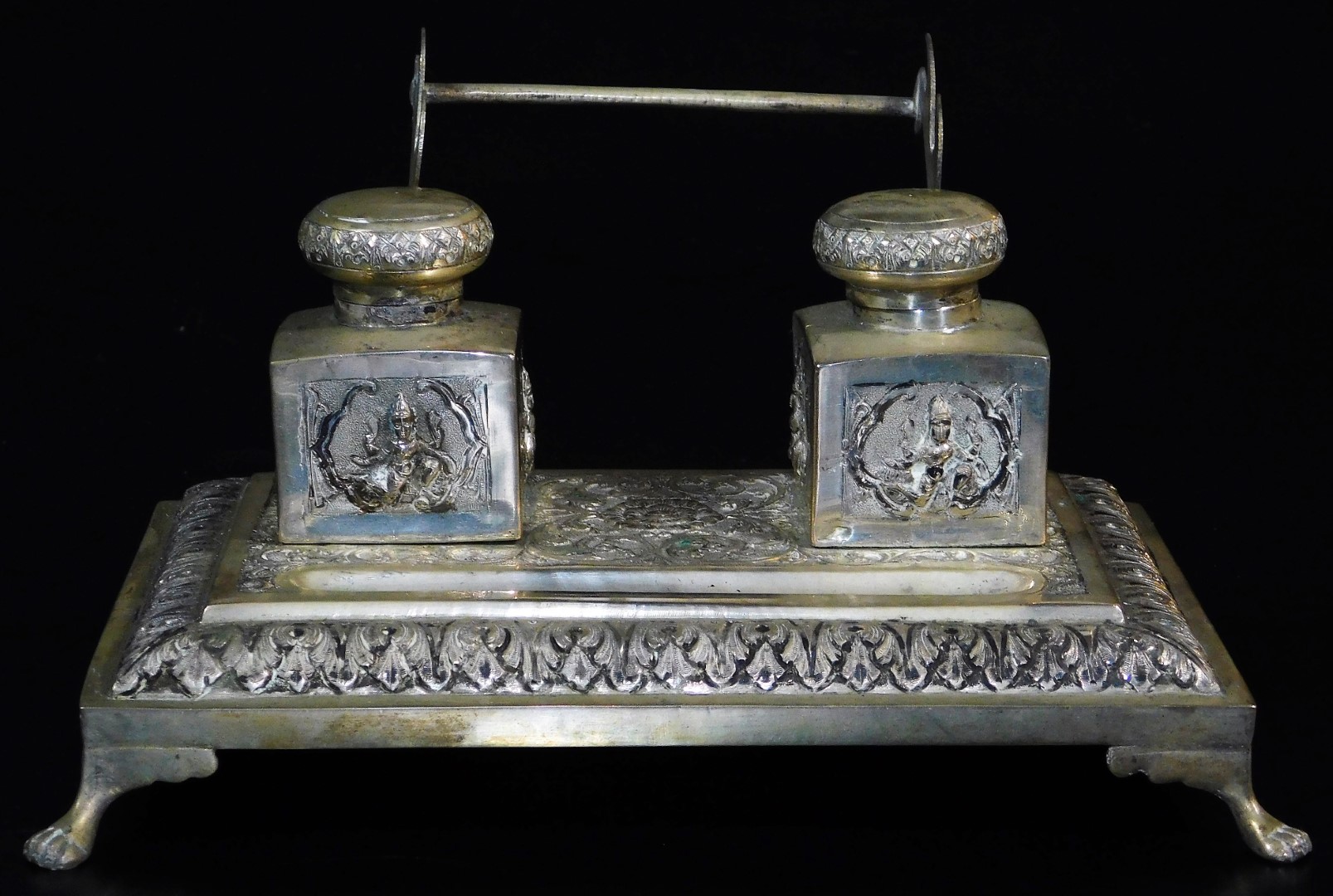 An early 20thC Indian ceremonial ink stand, of rectangular form, with space for pens and with two - Image 2 of 6