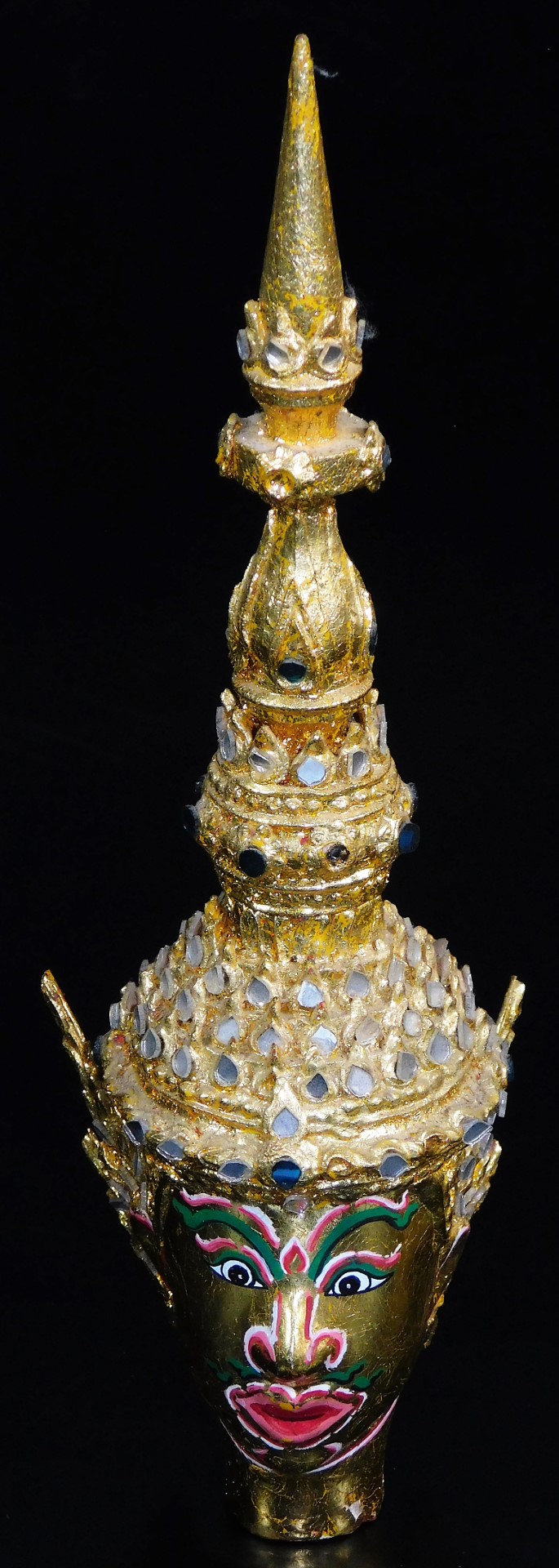 A Thai face mask, heavily decorated with mirrored glass sections set with tusks and with fierce - Image 12 of 16