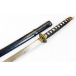 A 20thC samurai sword, with curved plain blade, bound handle and plain pommel with compressed loop