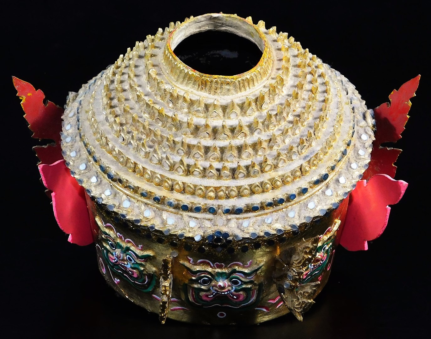 A Thai face mask, heavily decorated with mirrored glass sections set with tusks and with fierce - Image 4 of 16