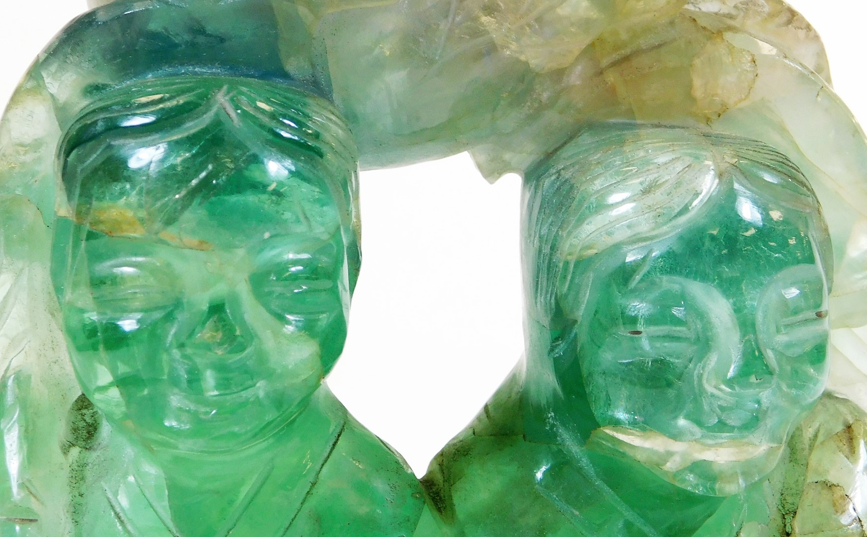 A Chinese carved green quartz sculpture of Hehe Erxian, the heavenly twins, gods of harmony and - Image 7 of 8