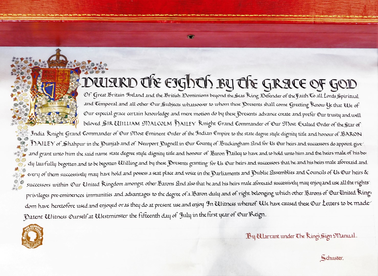 India interest. The House of Lords Warrant and Crest for Lord Hailey, comprising of decorative - Image 7 of 10