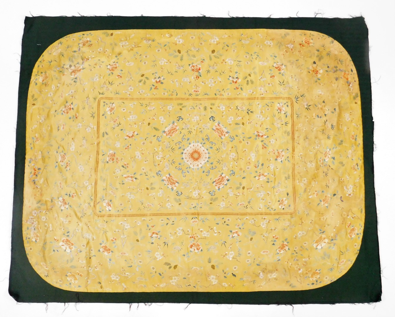 A Chinese Imperial yellow ground rectangular silk throne seat cover, finely embroidered in blue,