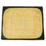 A Chinese Imperial yellow ground rectangular silk throne seat cover, finely embroidered in blue,