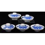 A set of five blue and white Japanese Hirado bowls and covers, decorated with oak leaves and acorns,