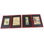 Four glazed woodblock prints. In red lacquer frames, pavilions in rocky landscape; man and woman