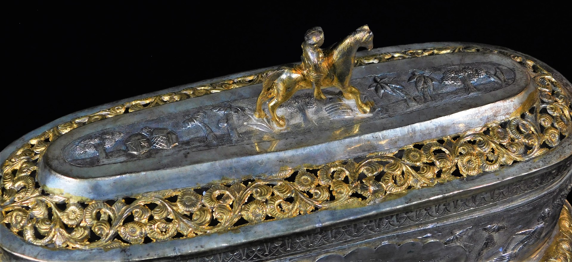 A highly elaborate Indian ceremonial freedom casket, of oval form, with horse and rider knop, - Image 6 of 8