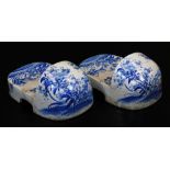 A very rare pair of Japanese Seto porcelain shoes, decorated in underglaze blue with poppies,
