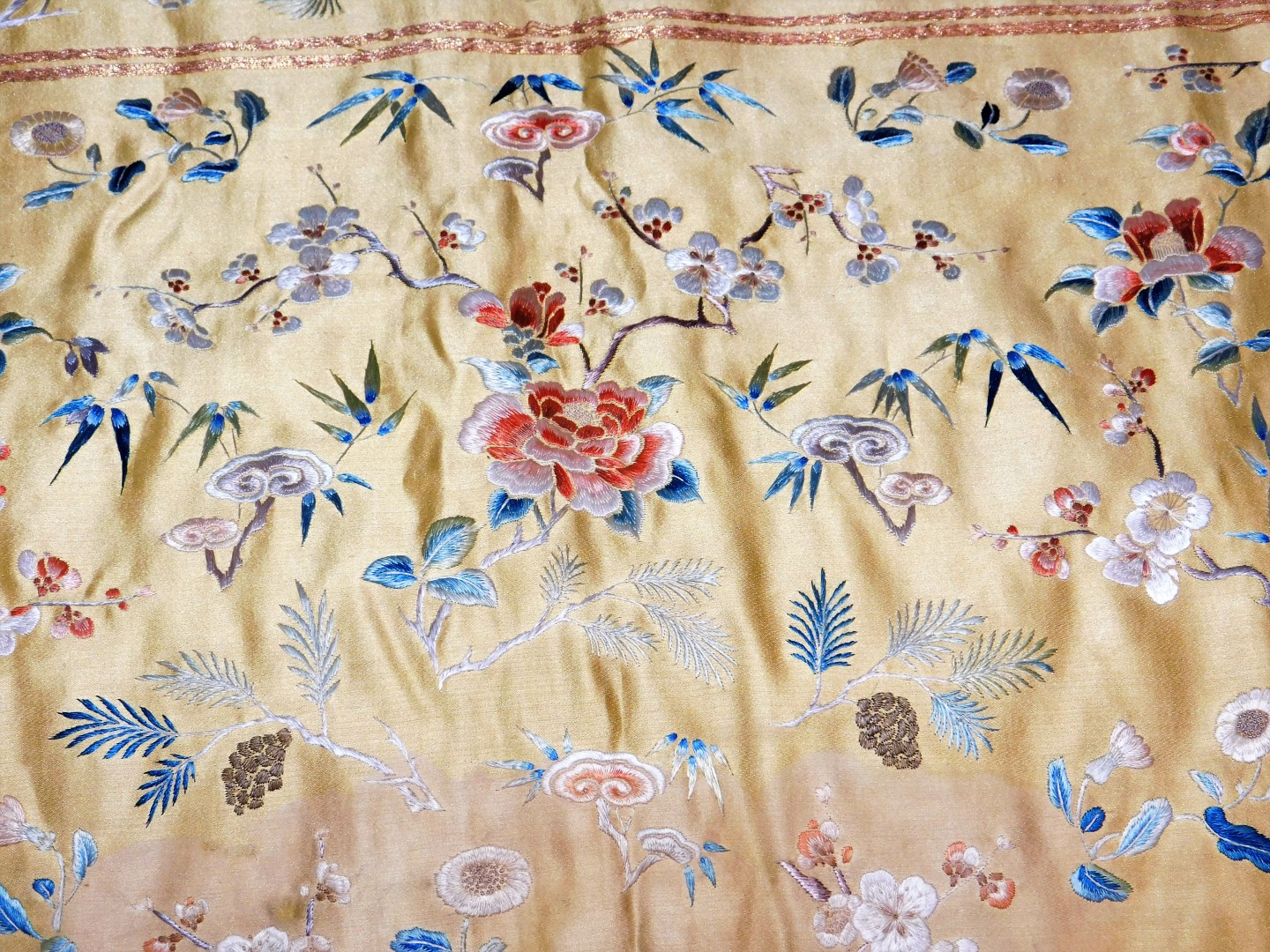 A Chinese Imperial yellow ground rectangular silk throne seat cover, finely embroidered in blue, - Image 7 of 9