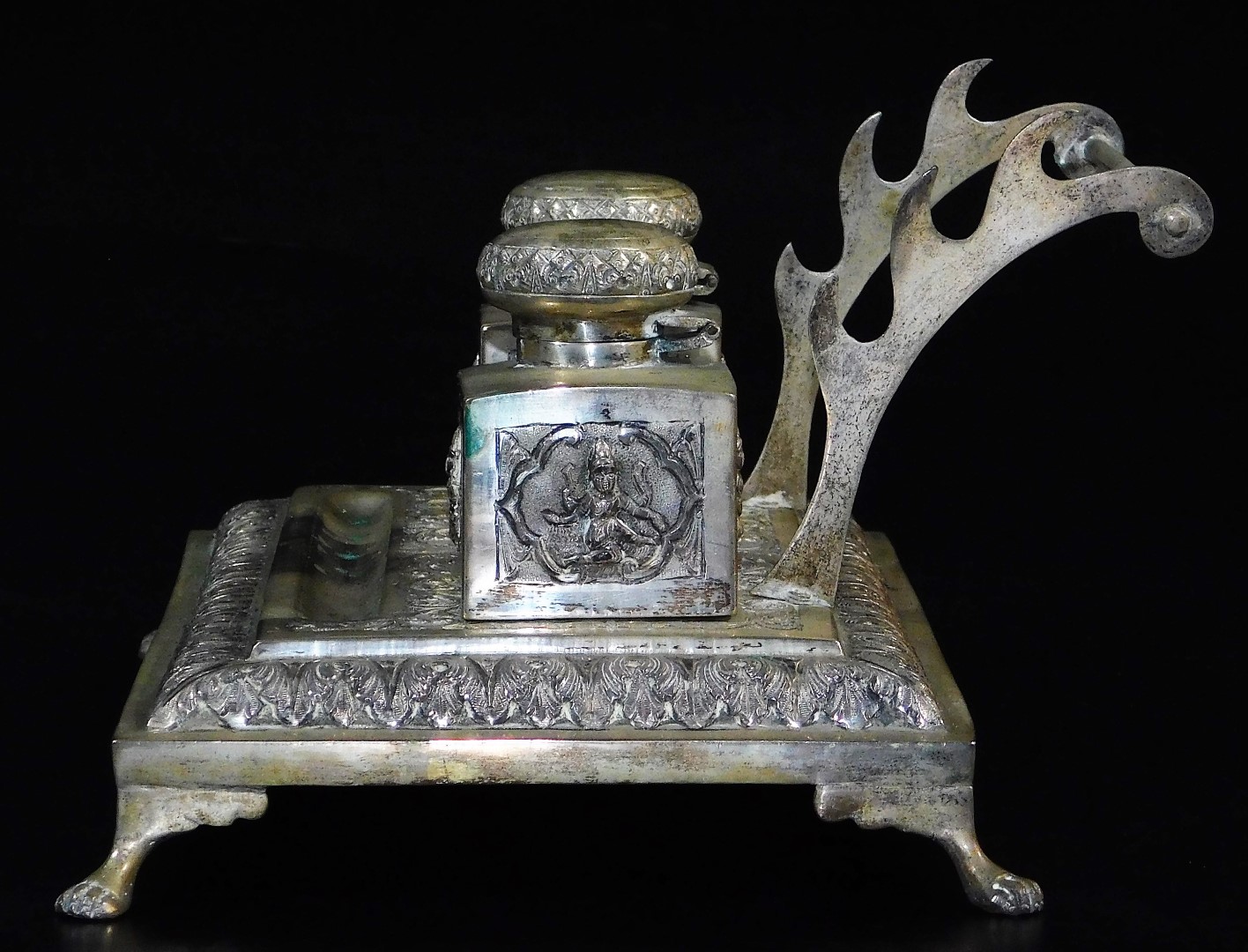 An early 20thC Indian ceremonial ink stand, of rectangular form, with space for pens and with two - Image 3 of 6