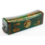 A 20thC green lacquered wood box, shaped as a pillow decorated with various ladies in flowing robes,