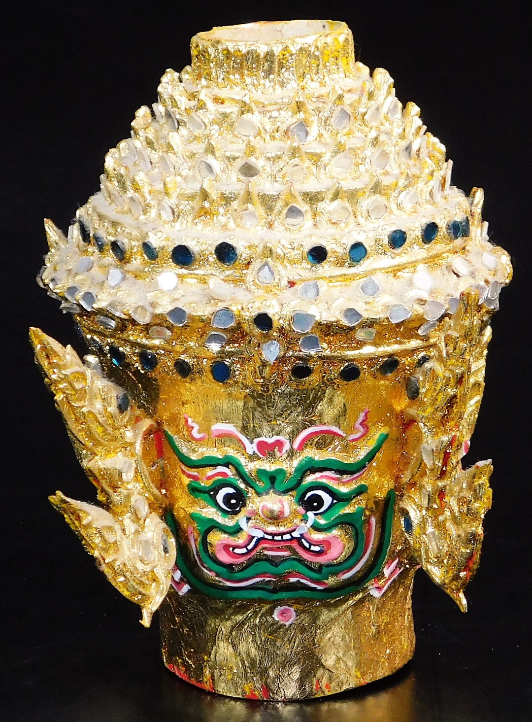 A Thai face mask, heavily decorated with mirrored glass sections set with tusks and with fierce - Image 10 of 16