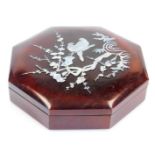 A late 20thC Chinese lacquer and mother of pearl finish box and cover, of hexagonal form decorated