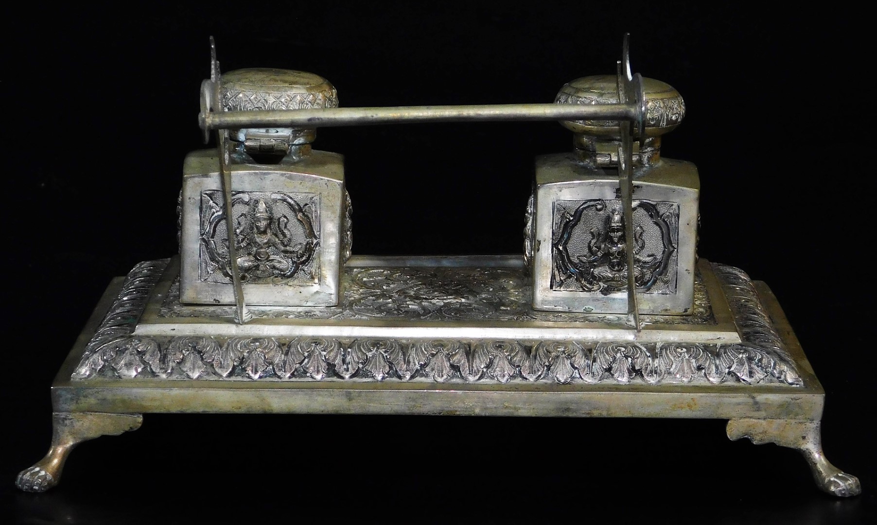 An early 20thC Indian ceremonial ink stand, of rectangular form, with space for pens and with two - Image 4 of 6