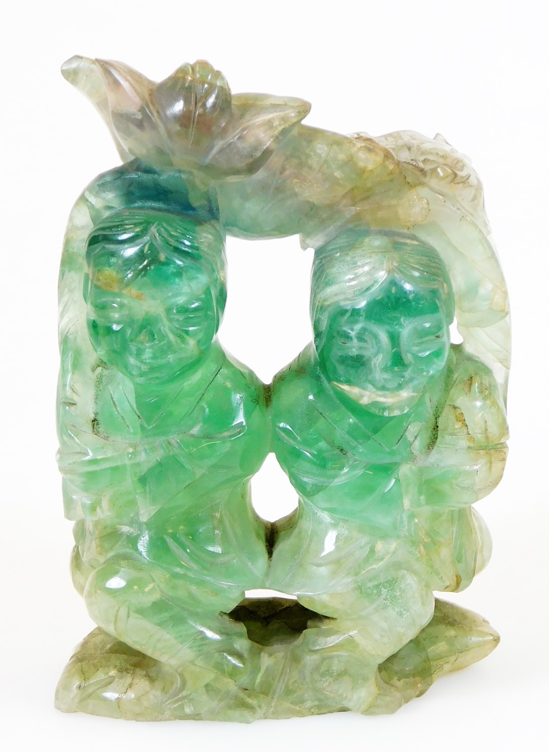 A Chinese carved green quartz sculpture of Hehe Erxian, the heavenly twins, gods of harmony and