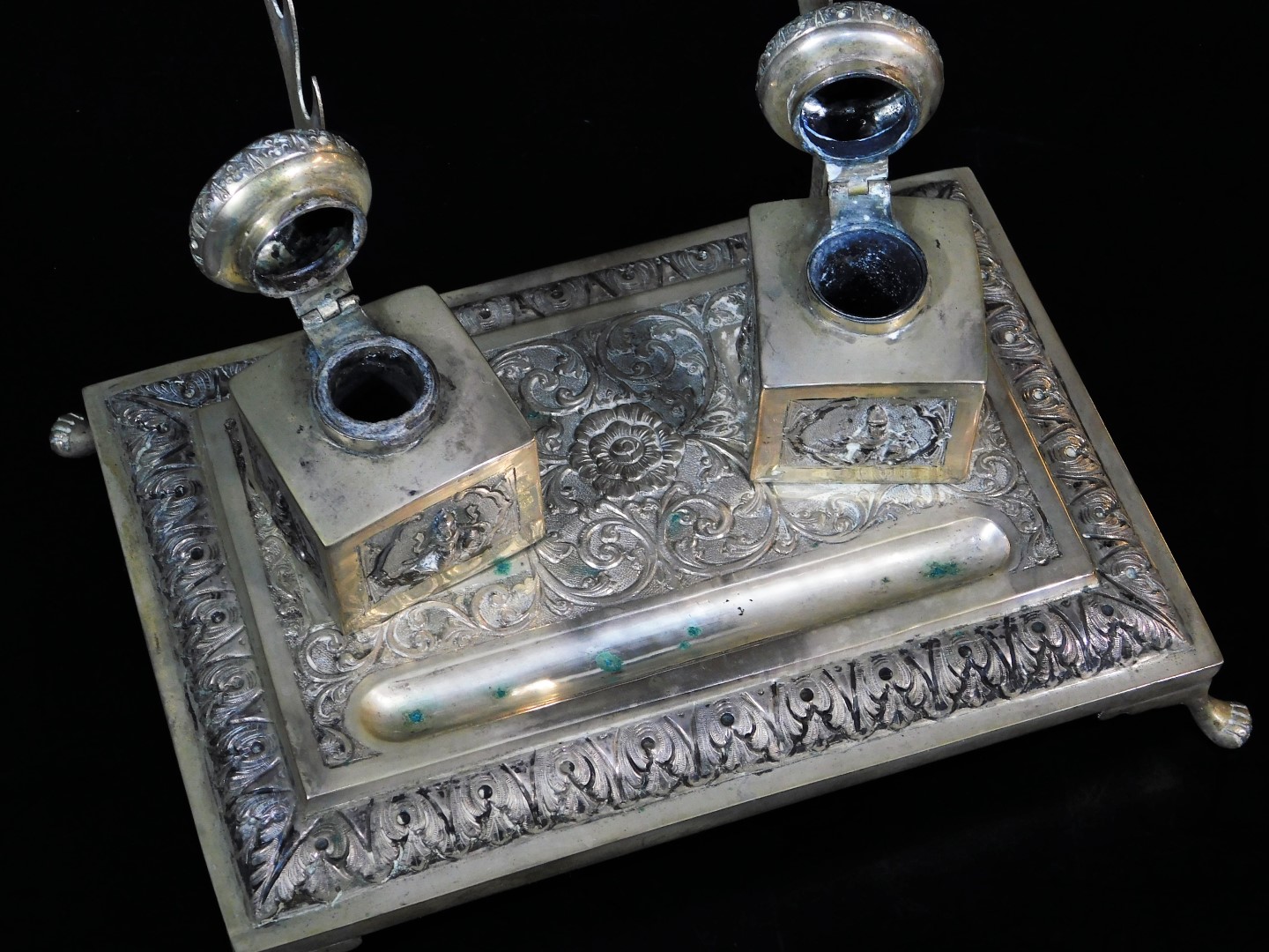 An early 20thC Indian ceremonial ink stand, of rectangular form, with space for pens and with two - Image 6 of 6