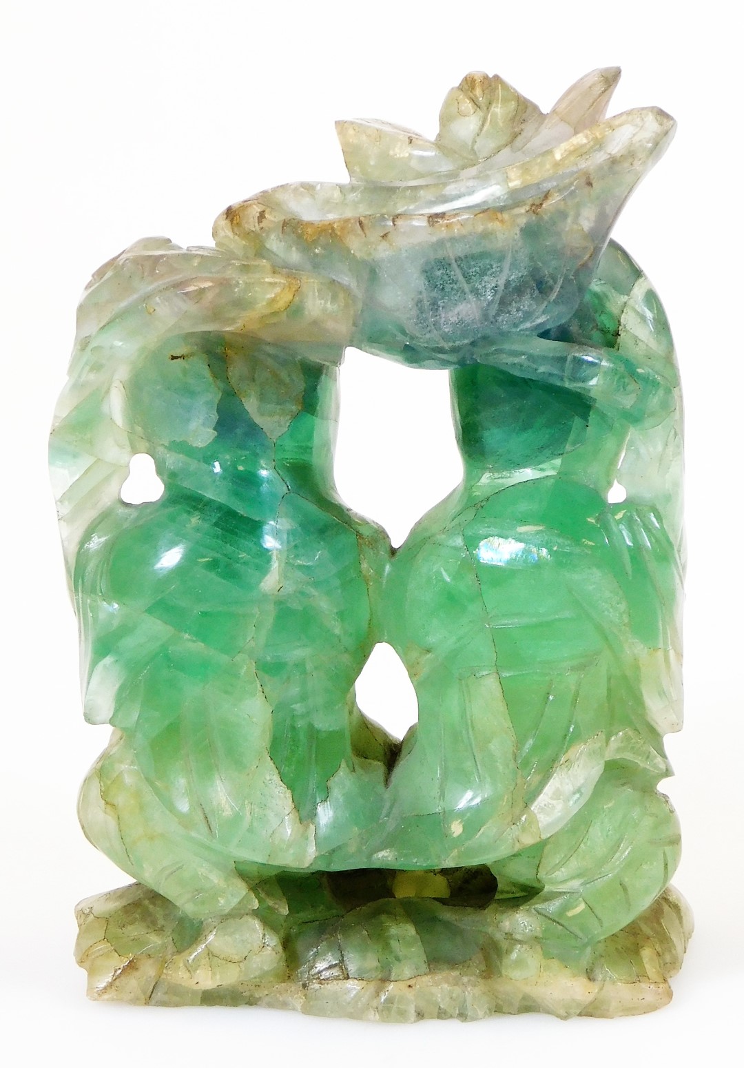 A Chinese carved green quartz sculpture of Hehe Erxian, the heavenly twins, gods of harmony and - Image 3 of 8