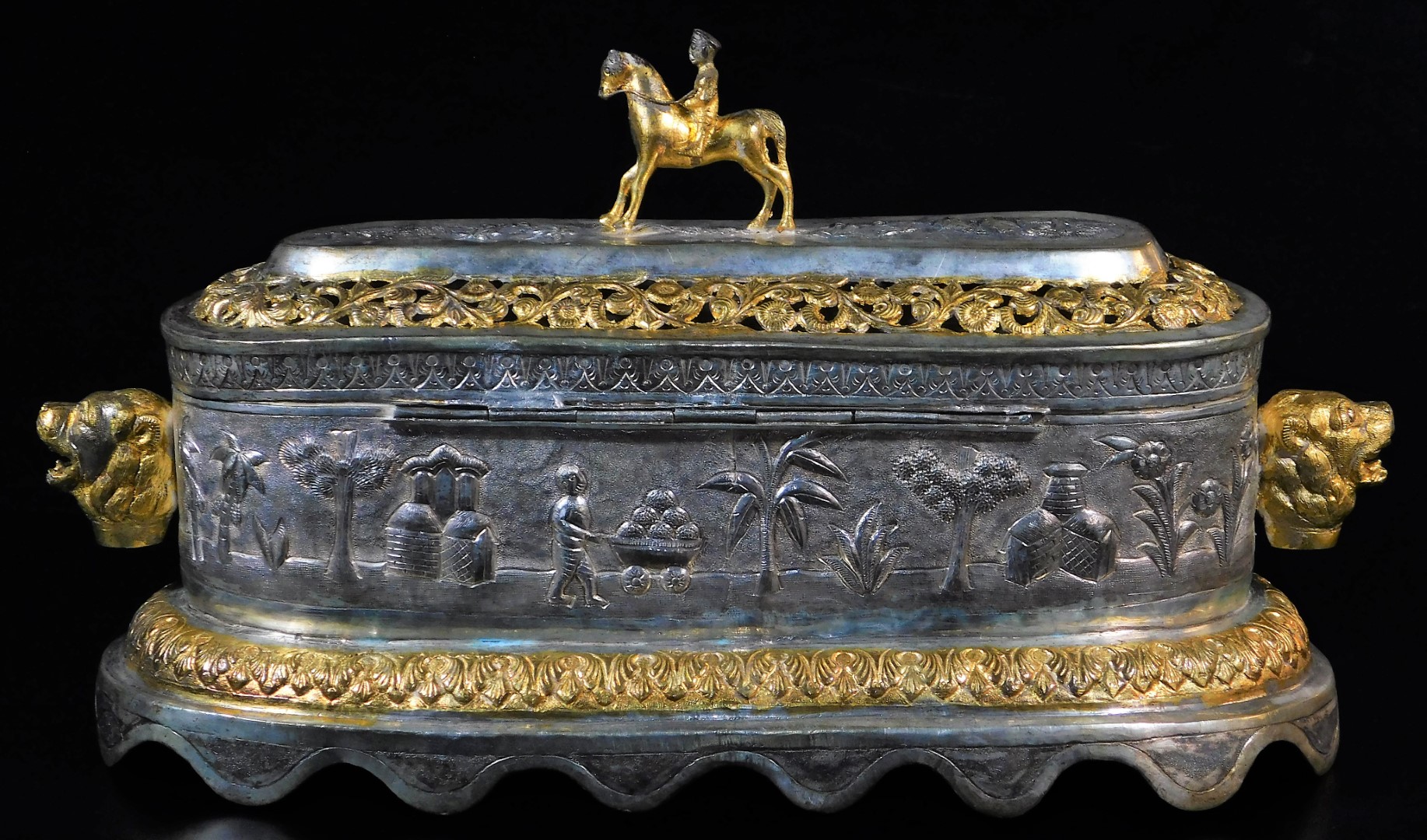A highly elaborate Indian ceremonial freedom casket, of oval form, with horse and rider knop, - Image 4 of 8