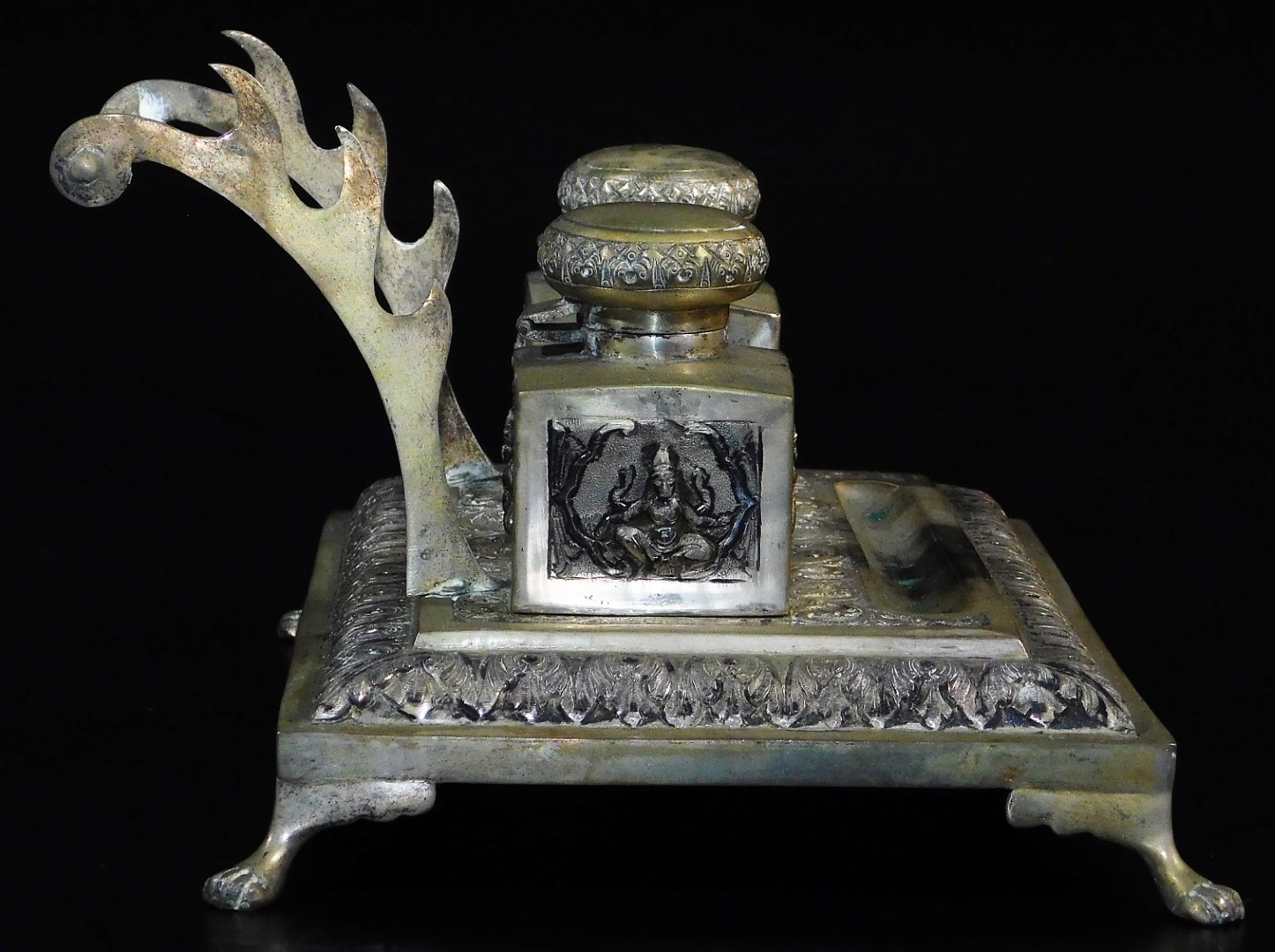 An early 20thC Indian ceremonial ink stand, of rectangular form, with space for pens and with two - Image 5 of 6