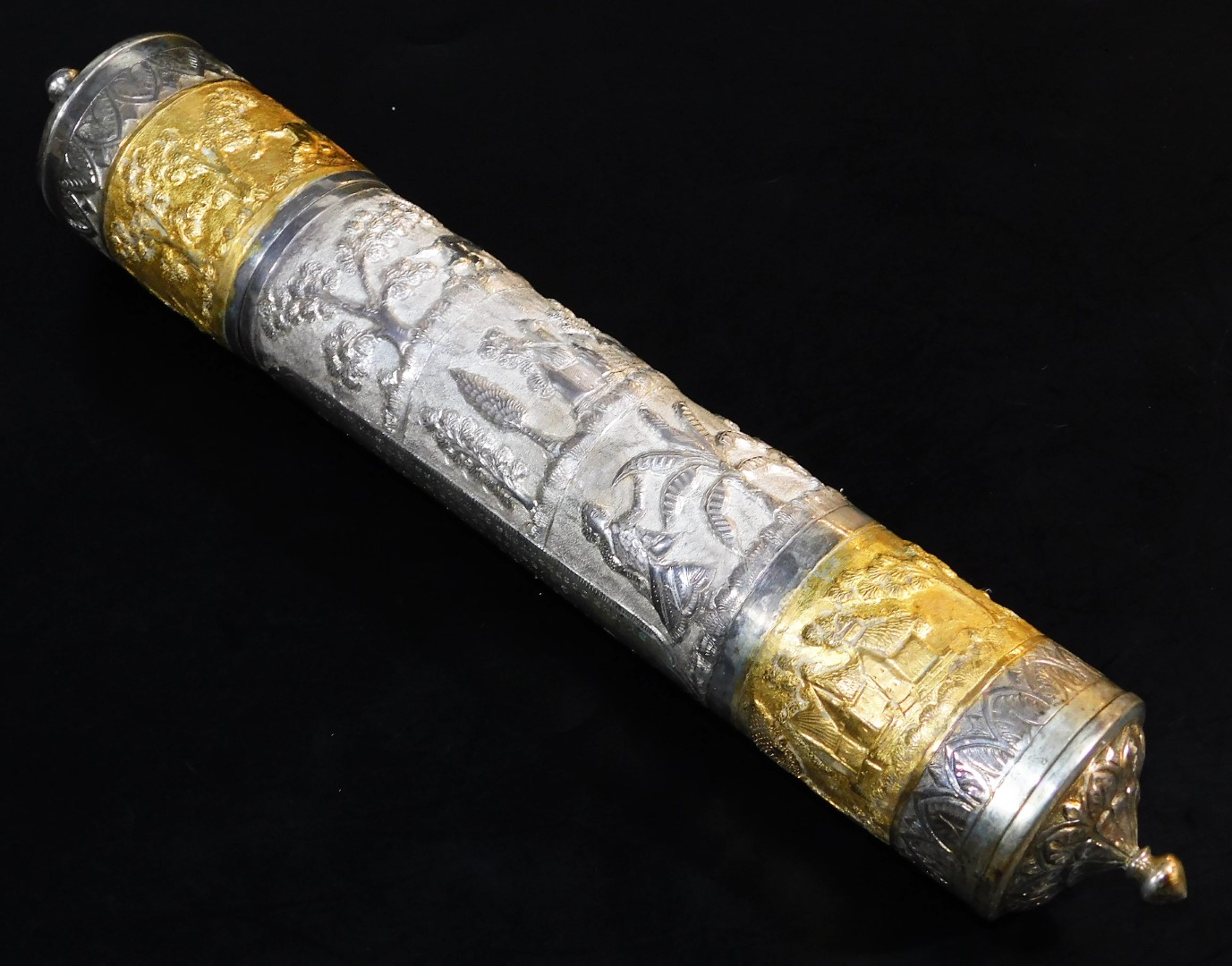 An early 20thC Indian ceremonial freedom casket, of cylindrical form on a stand, heavily repousse - Image 4 of 7