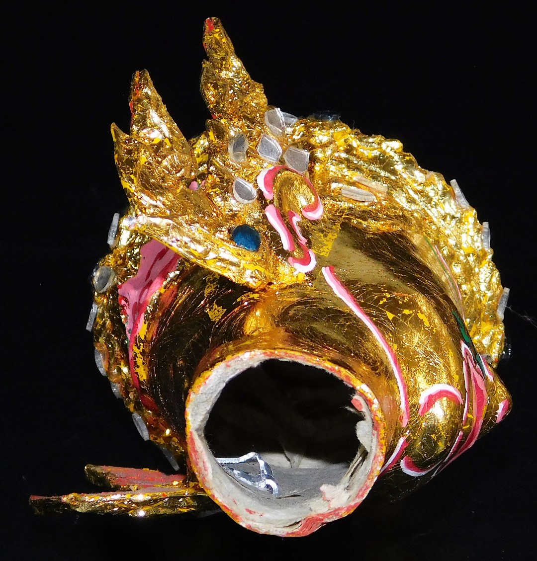 A Thai face mask, heavily decorated with mirrored glass sections set with tusks and with fierce - Image 16 of 16