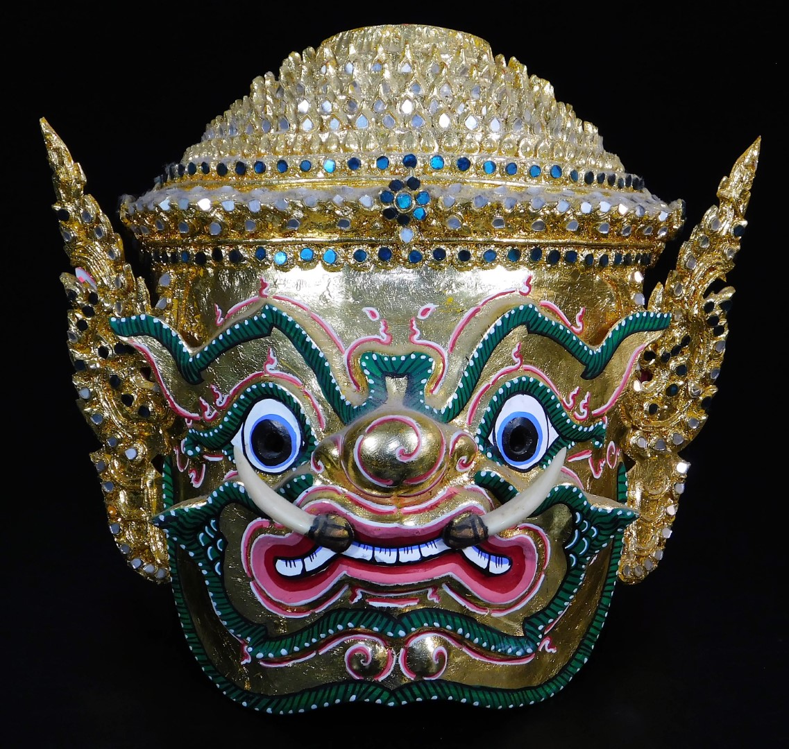 A Thai face mask, heavily decorated with mirrored glass sections set with tusks and with fierce - Image 2 of 16