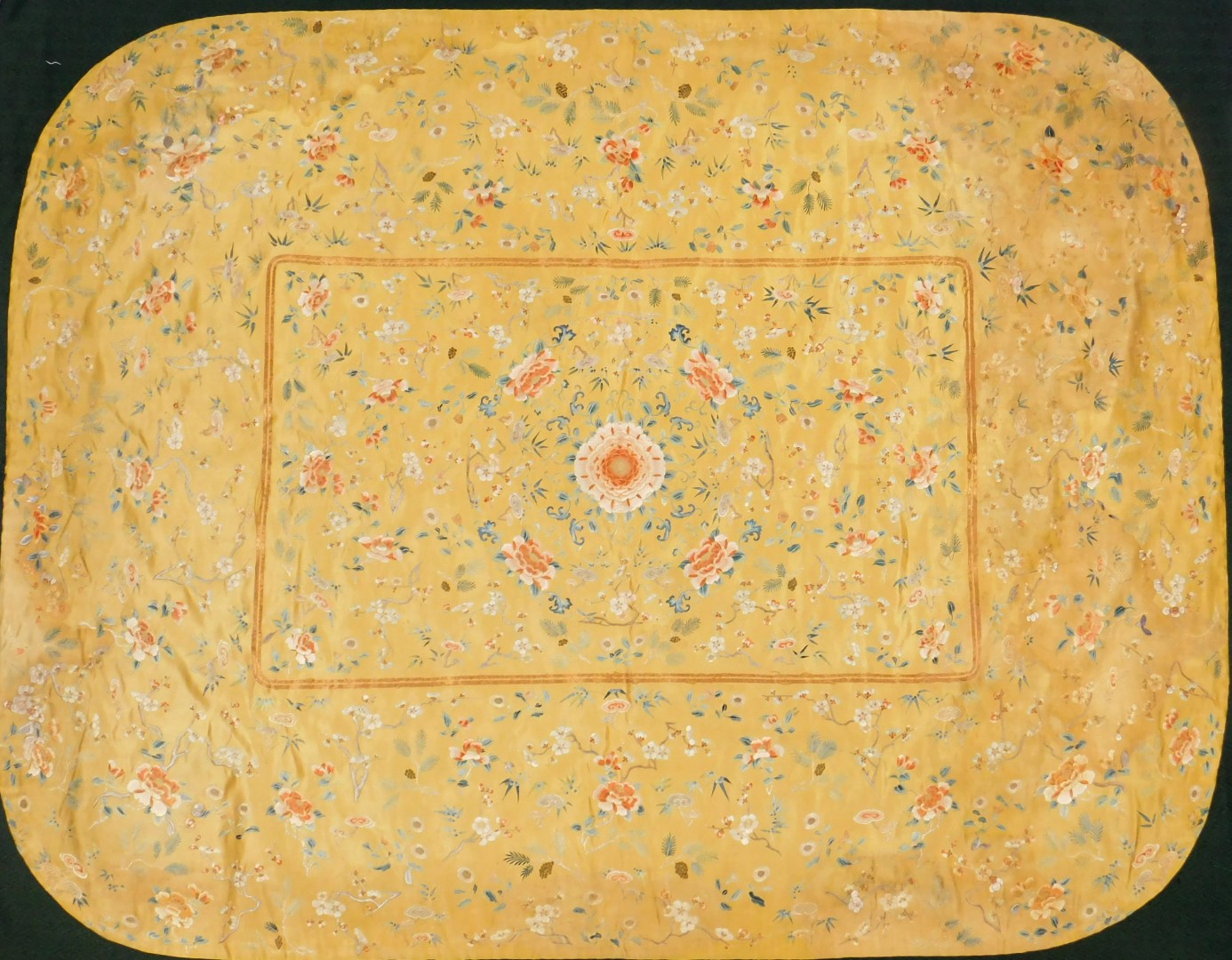 A Chinese Imperial yellow ground rectangular silk throne seat cover, finely embroidered in blue, - Image 2 of 9