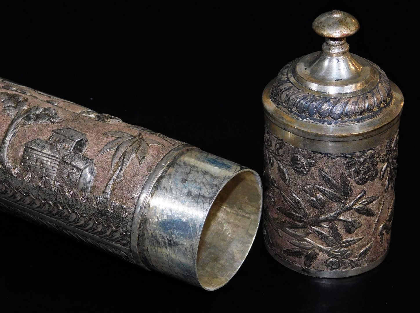 An early 20thC Indian ceremonial freedom casket, of cylindrical form, on fixed stand, heavily - Image 5 of 6