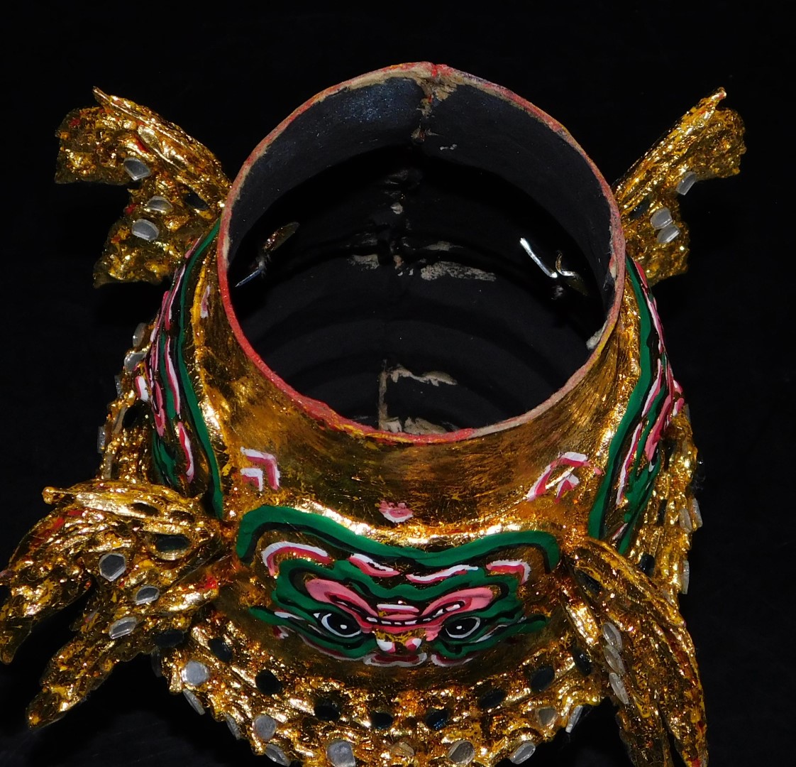 A Thai face mask, heavily decorated with mirrored glass sections set with tusks and with fierce - Image 11 of 16