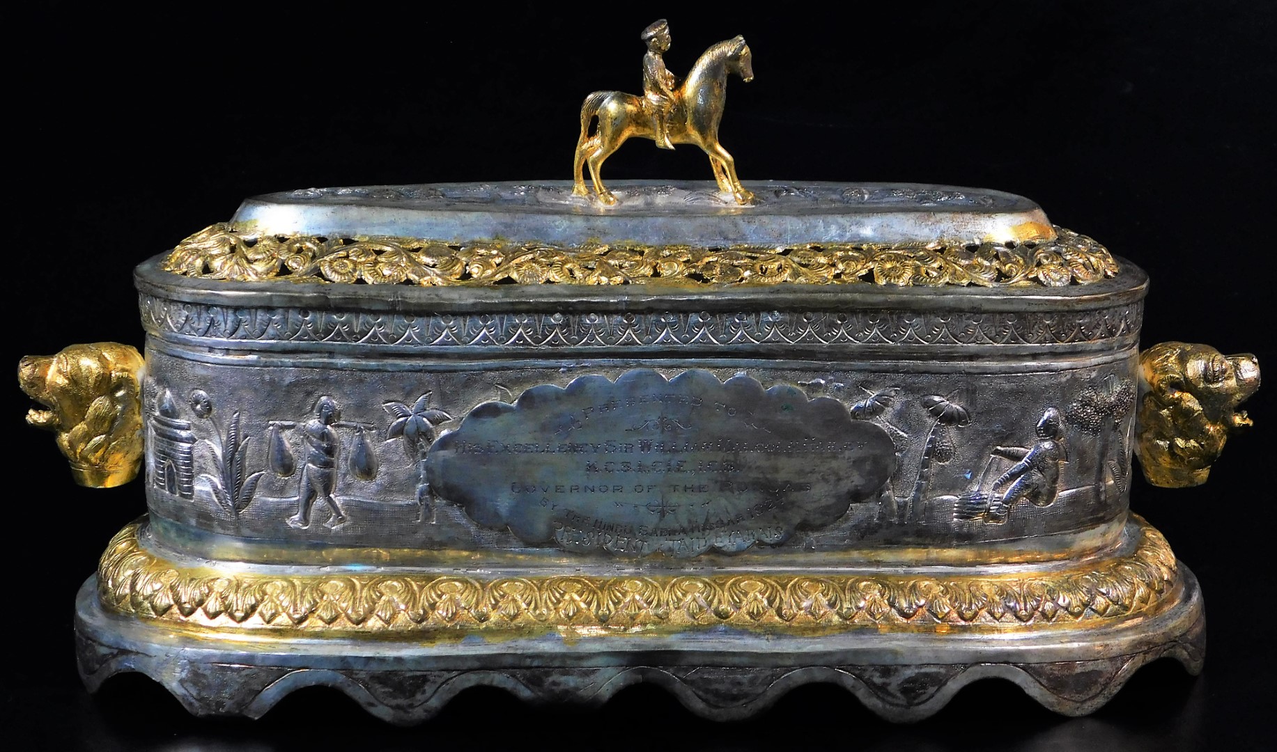 A highly elaborate Indian ceremonial freedom casket, of oval form, with horse and rider knop, - Image 2 of 8