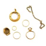 Mixed 9ct gold jewellery, including a watch case back, pendant mounts, earrings, and a chain, 16.2g.