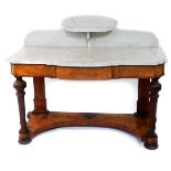 A Victorian figured walnut washstand, with shaped and moulded white marbled top, frieze drawer,