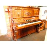 A 19thC German figured and burr walnut cased upright piano by F Weber of Berlin, the case having