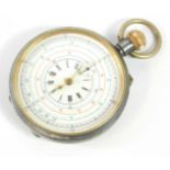 An early 20thC gun metal cased chronograph pocket stop watch, white enamelled dial bearing Roman