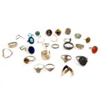 Silver and dress rings, some coin or gem set, including a poison ring, 127.9g. (a quantity)