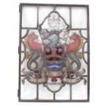 A stained glass window panel, bearing the Coat of Arms of The City of Cambridge, 86cm high, 62cm