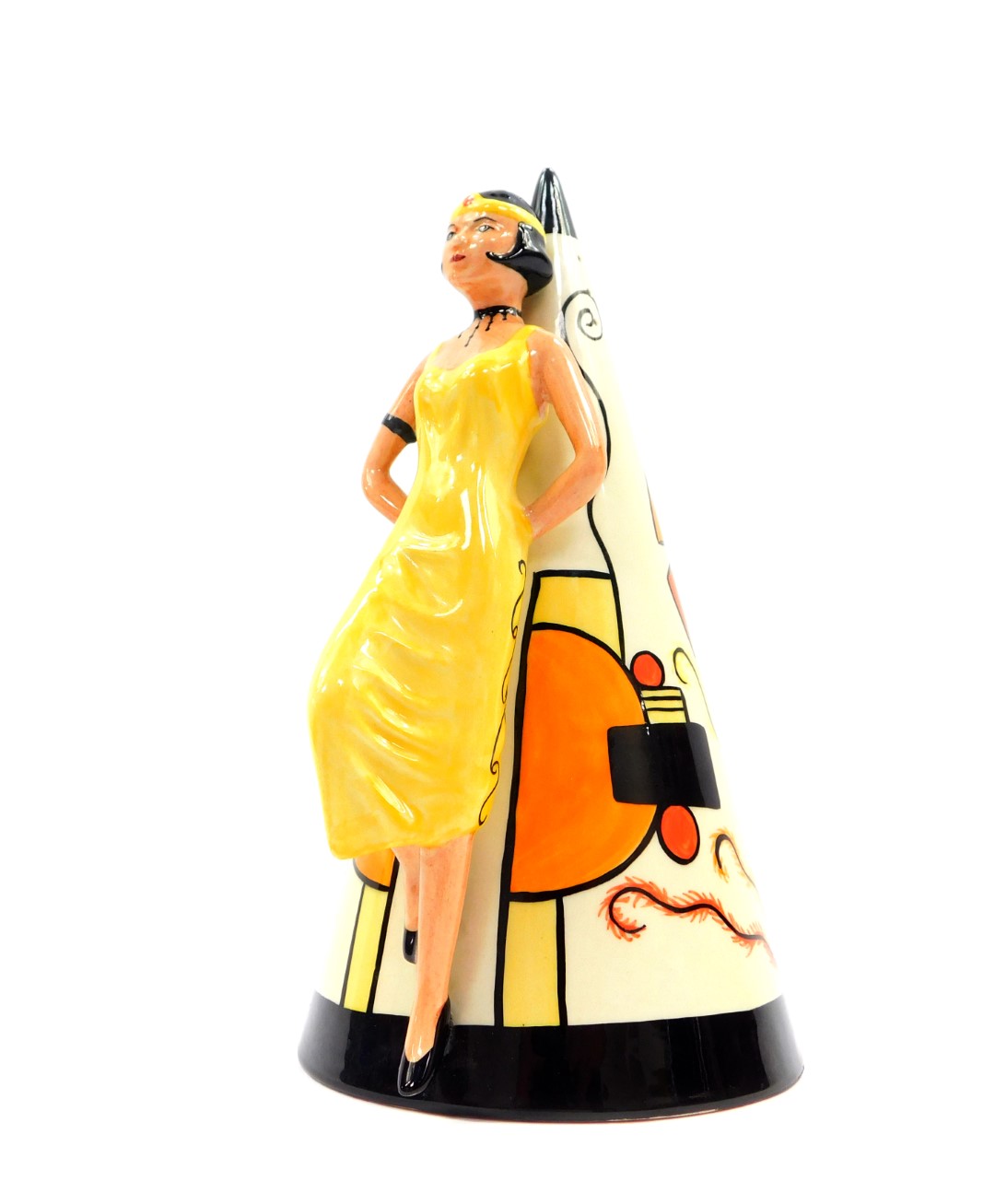 A Lorna Bailey pottery conical sugar sifter, fronted by an Art Deco lady, painted with geometric