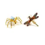 An enamel diamond and opal set dragonfly brooch, in yellow metal, stamped 14k, 5.1g., together