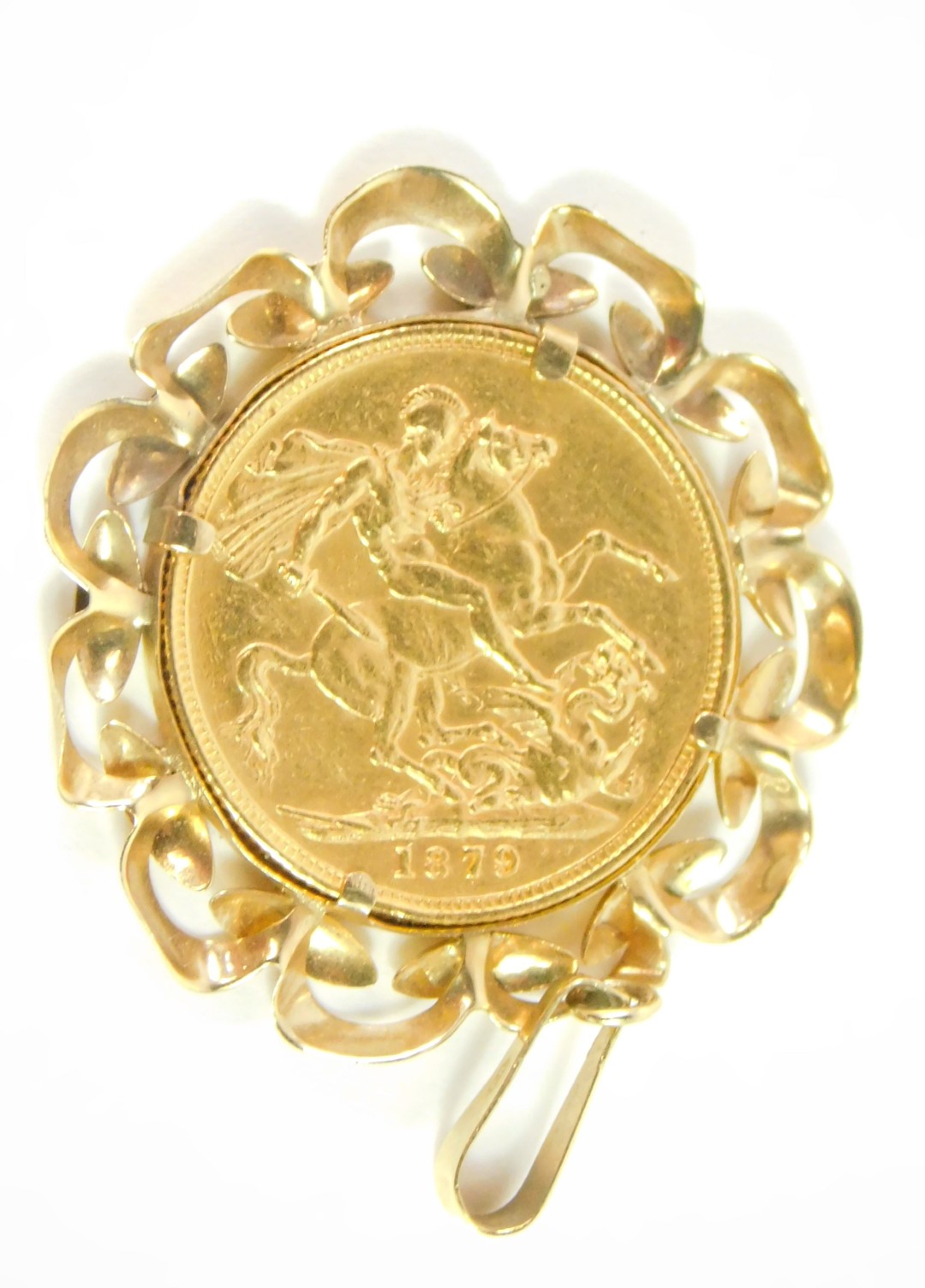 A Queen Victorian young head full gold sovereign 1879, in a yellow metal pendant mount, 10.0g all