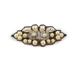 An Art Deco cultured pearl and diamond set double clip brooch, set in white metal, 14.1g.