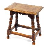 A 17thC style oak joint stool, 45cm x 30cm, 46cm high.