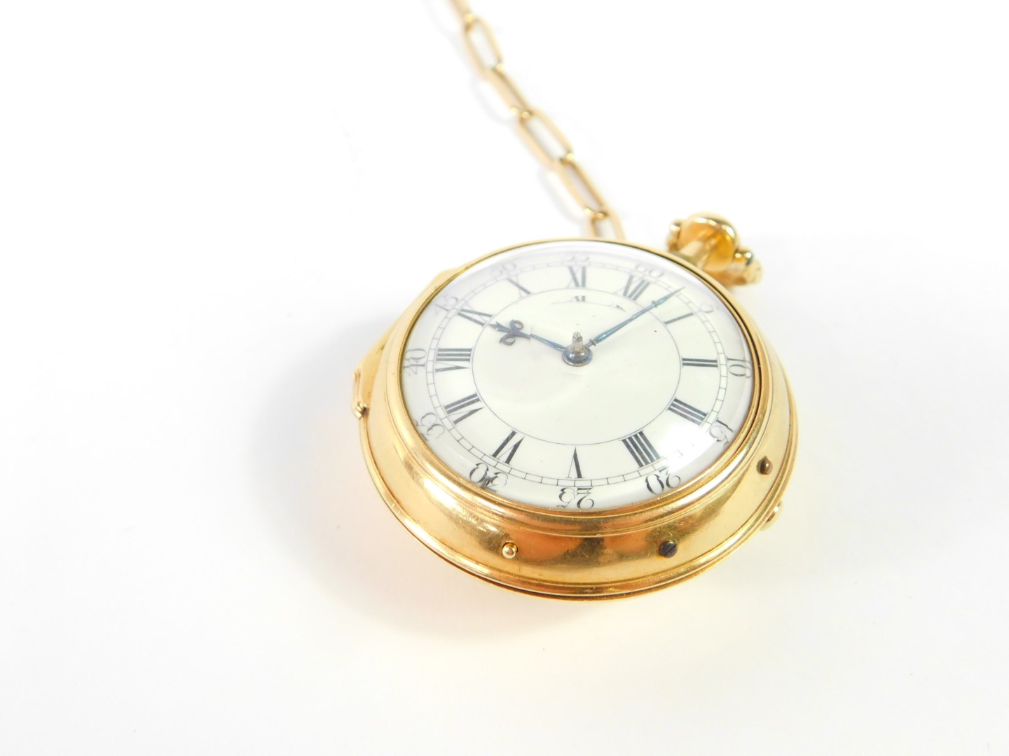 A George III gold pair cased pocket watch, open faced, key wind, white enamel dial bearing Roman and - Image 2 of 4