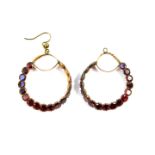 A pair of Georgian style garnet set hoop earrings, in yellow metal, 9.6g.