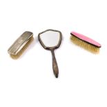 A silver and pink guilloche enamel dressing table mirror and clothes brush, Elkington & Company,