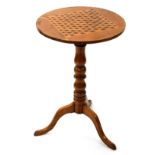 A Victorian walnut occasional table, with circular box parquetry top, turned pillar and three