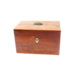 A George III mahogany tea caddy, of rectangular section with boxwood line inlay, the hinged lid