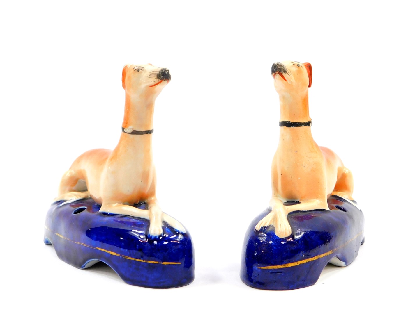 A pair of Staffordshire 19thC pottery greyhound ink wells, each modelled in recumbent pose on a blue - Image 2 of 3