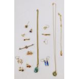 9ct gold and gem set jewellery, including earrings, pendant on chain, bar brooches, etc, 24.5g all