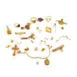 Assorted gold jewellery and scrap gold, including a cross pendant, rope twist ring, RAF badge and