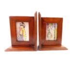 A pair of vintage oak photo frame book ends, each containing a watercolour study of a lady, 22cm